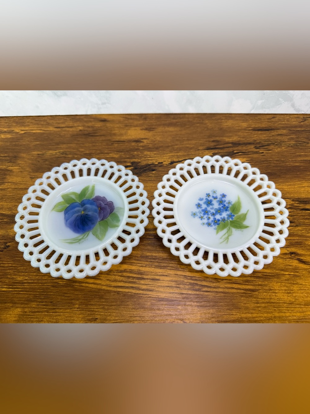 Vintage Milk Glass Hand Painted Floral Open Lace Plates Signed Pinky Set of 2